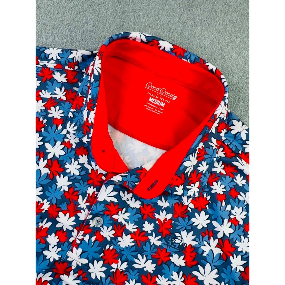 Good Good Golf Polo Shirt Men's Size Medium Freedom Floral Red White Blue Golf